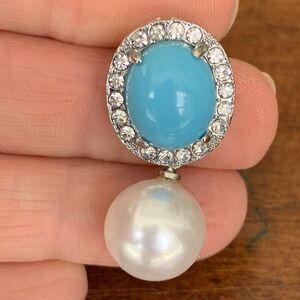 Faux Turqoise & South Sea Faux Pearl Stud Earrings Crystal Unisex Dangle Drop